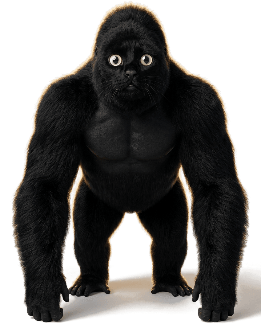 Apecat: a massive black gorilla-bodied creature with a tiny integrated cat face and huge pale yellow-green eyes, standing in a confused, confident pose.