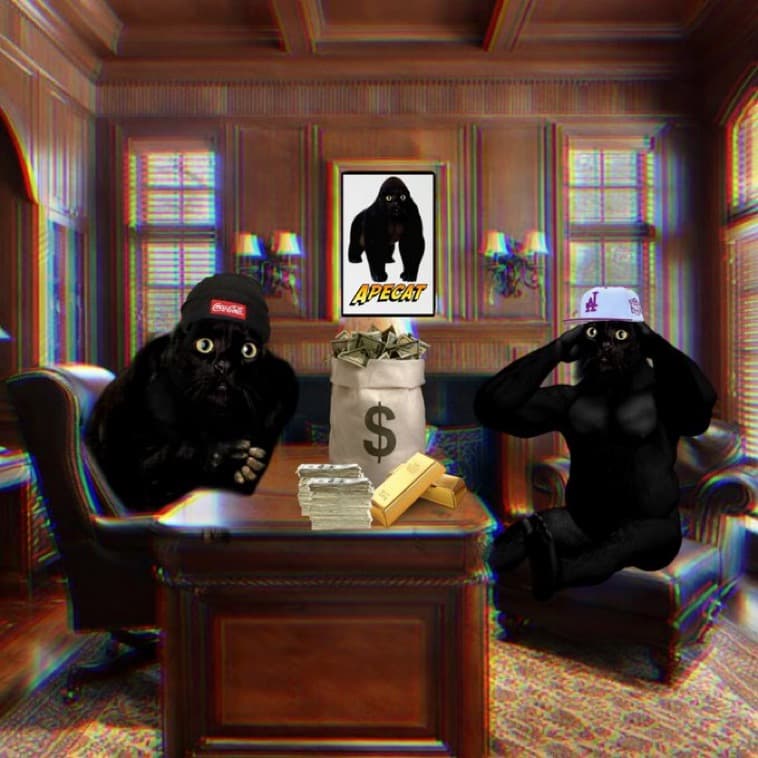 Two Apecats in an executive office with a bag of cash and gold bars on the desk.