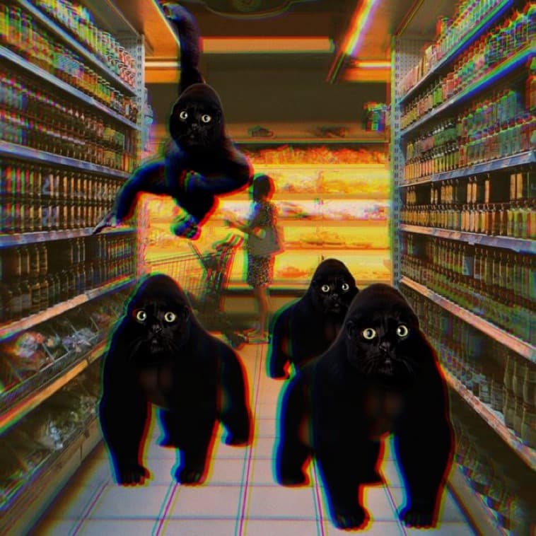 A small pack of Apecats moving through a grocery store aisle, one leaping between shelves.